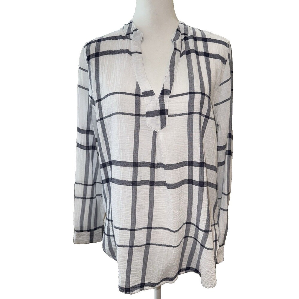 Liverpool Blue White Plaid Split Neck Long Sleeve Lightweight Blouse Size L